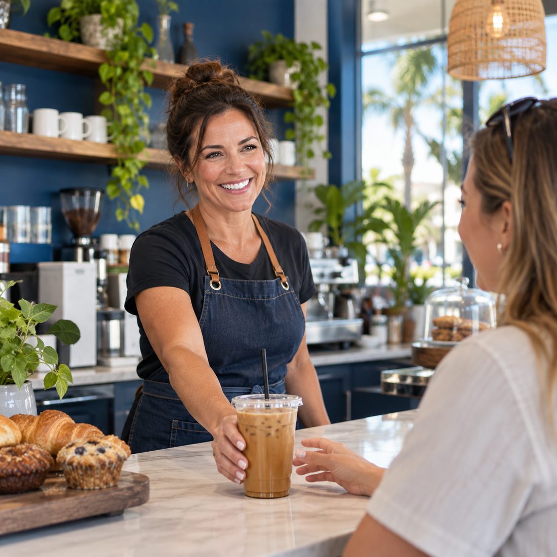 Florida cafe owner handing an iced coffee to a customer at the counter