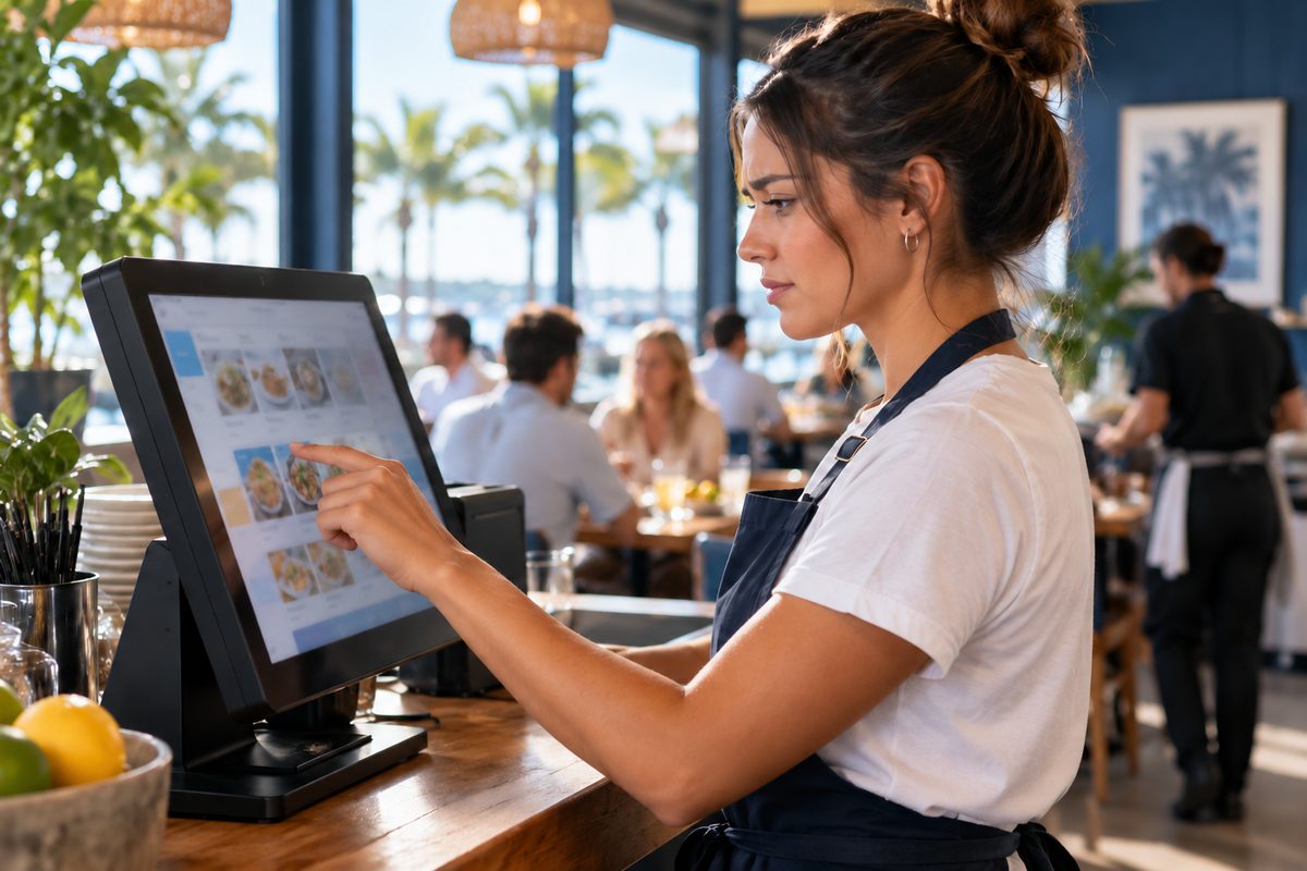 Restaurant server frowning at a point of sale screen