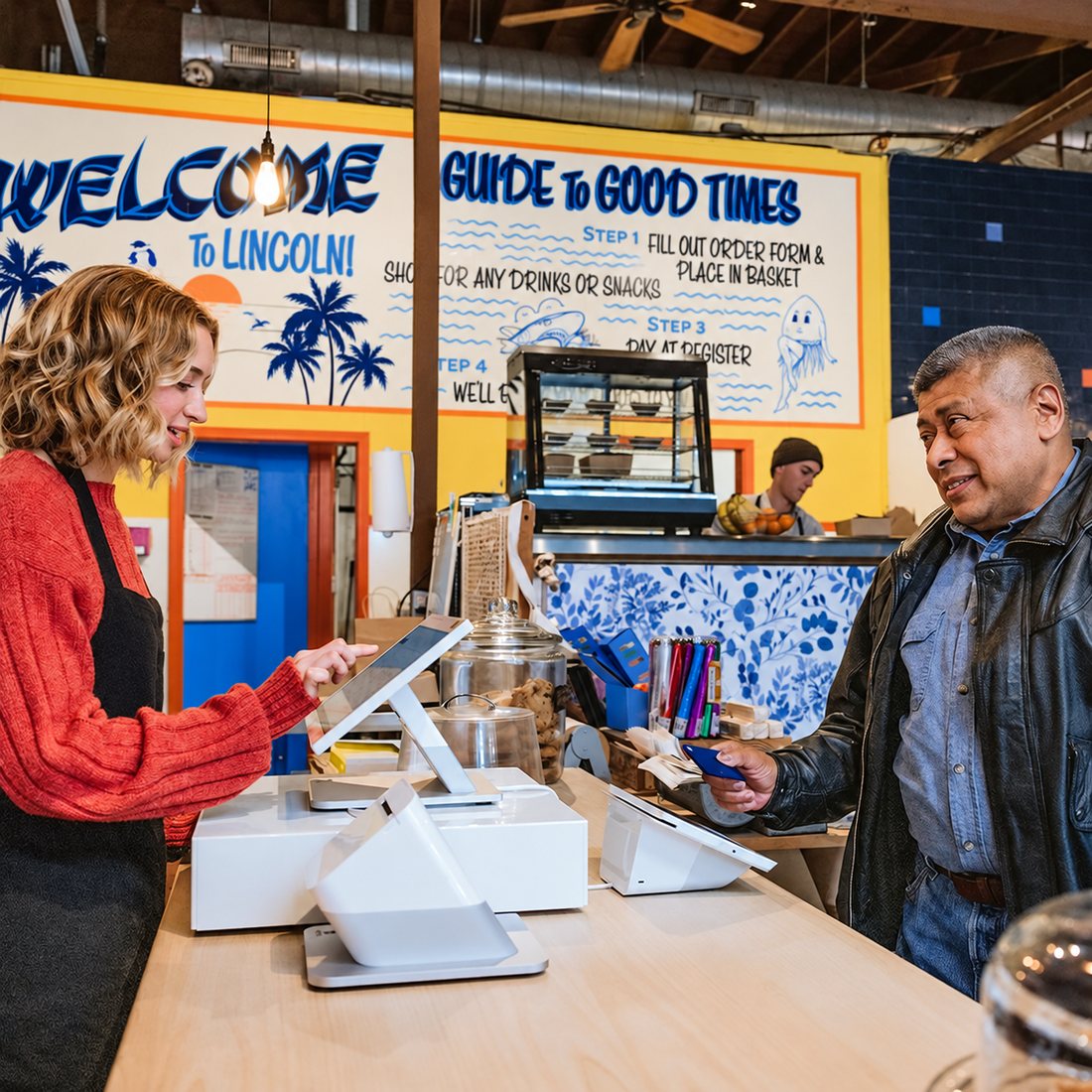 Shop owner taking a card payment from a customer at the counter